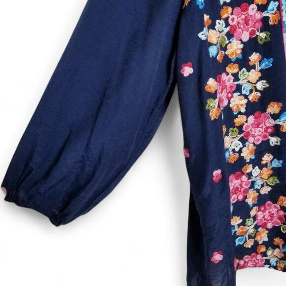 FIG & FLOWER Anthropologie Embroidered Navy Blue Tie-Front Top - Medium - Picture 4 of 8